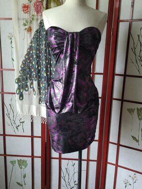 Black Purple Metallic Strapless Mini Dress | Bodycon Ruched Detail